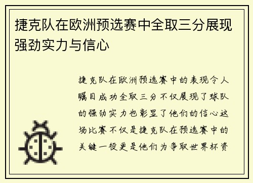 捷克队在欧洲预选赛中全取三分展现强劲实力与信心