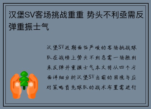 汉堡SV客场挑战重重 势头不利亟需反弹重振士气
