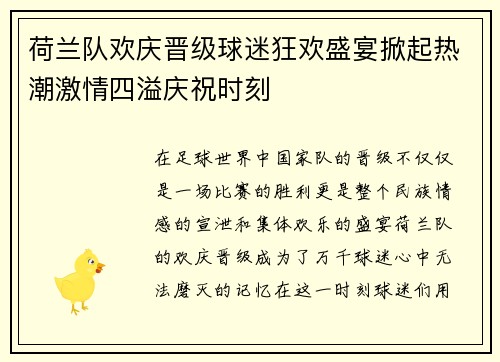荷兰队欢庆晋级球迷狂欢盛宴掀起热潮激情四溢庆祝时刻