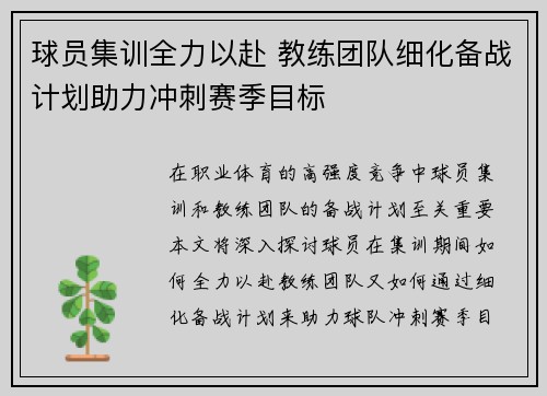 球员集训全力以赴 教练团队细化备战计划助力冲刺赛季目标