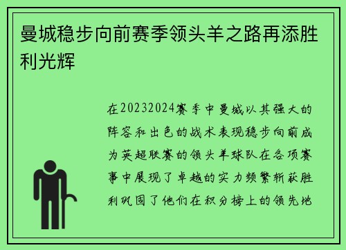曼城稳步向前赛季领头羊之路再添胜利光辉