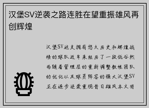 汉堡SV逆袭之路连胜在望重振雄风再创辉煌