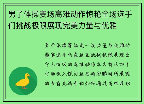 男子体操赛场高难动作惊艳全场选手们挑战极限展现完美力量与优雅