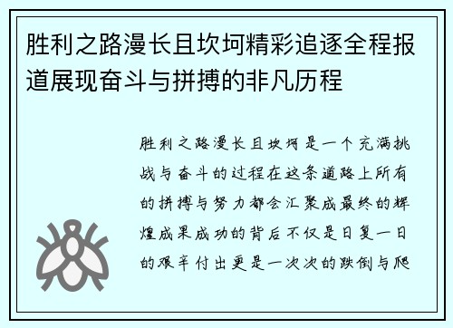 胜利之路漫长且坎坷精彩追逐全程报道展现奋斗与拼搏的非凡历程