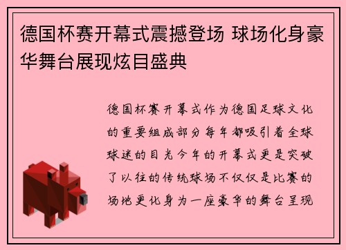 德国杯赛开幕式震撼登场 球场化身豪华舞台展现炫目盛典