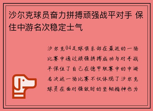 沙尔克球员奋力拼搏顽强战平对手 保住中游名次稳定士气