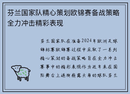 芬兰国家队精心策划欧锦赛备战策略全力冲击精彩表现