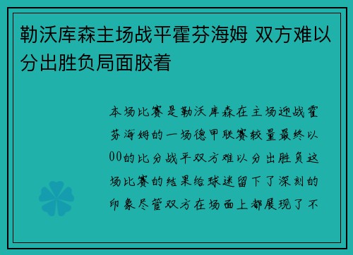 勒沃库森主场战平霍芬海姆 双方难以分出胜负局面胶着