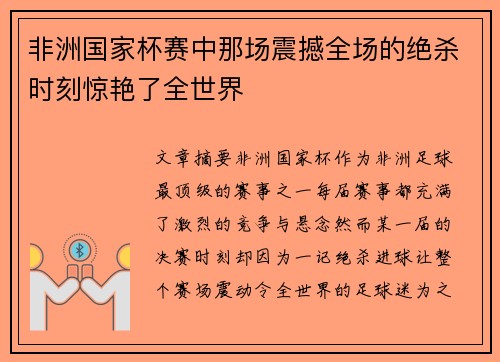 非洲国家杯赛中那场震撼全场的绝杀时刻惊艳了全世界