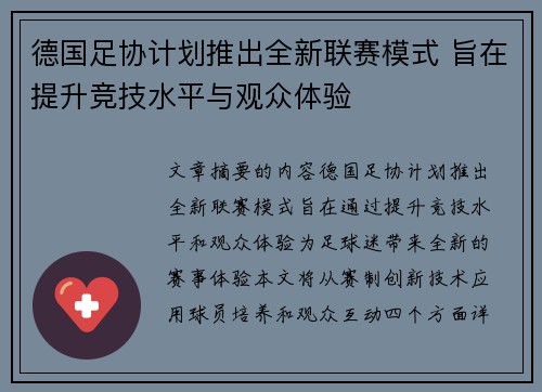 德国足协计划推出全新联赛模式 旨在提升竞技水平与观众体验