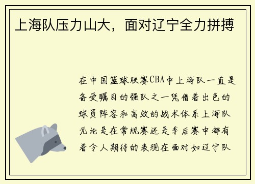 上海队压力山大，面对辽宁全力拼搏