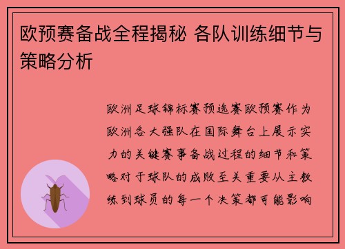 欧预赛备战全程揭秘 各队训练细节与策略分析