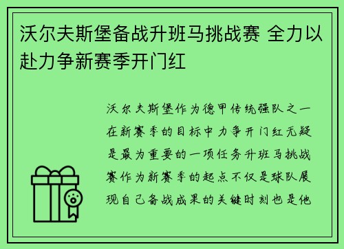 沃尔夫斯堡备战升班马挑战赛 全力以赴力争新赛季开门红