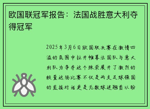 欧国联冠军报告：法国战胜意大利夺得冠军