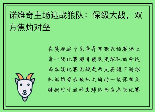 诺维奇主场迎战狼队：保级大战，双方焦灼对垒