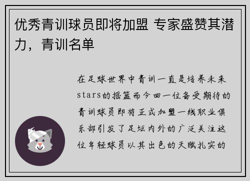 优秀青训球员即将加盟 专家盛赞其潜力，青训名单
