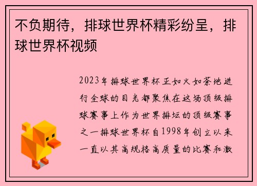 不负期待，排球世界杯精彩纷呈，排球世界杯视频