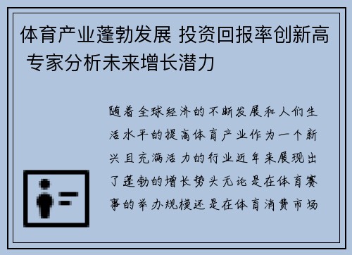 体育产业蓬勃发展 投资回报率创新高 专家分析未来增长潜力