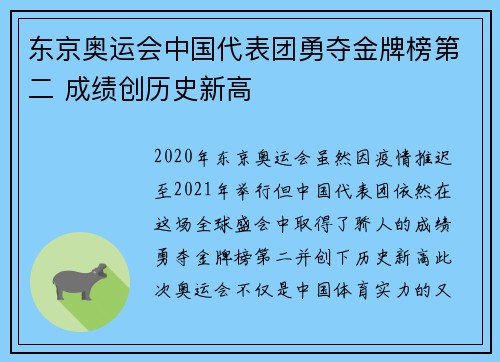 东京奥运会中国代表团勇夺金牌榜第二 成绩创历史新高